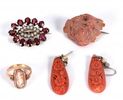 Appraisal: A pair of carved coral and pearl ear pendants cm