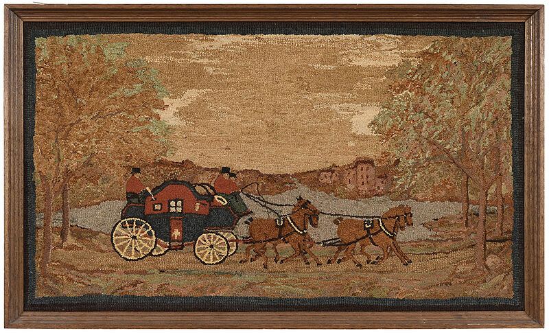 Appraisal: Framed Vintage Hooked Rug of Stagecoach probably American th century