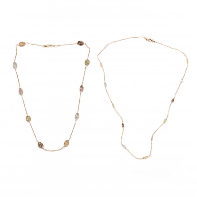 Appraisal: TWO GOLD AND GEM-SET STATION NECKLACES To include a wheat