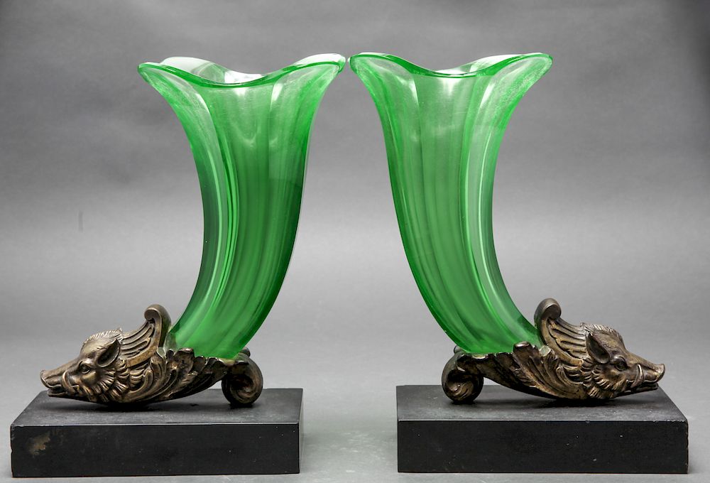 Appraisal: Baccarat Cornucopia Vases Glass Bronze th C Pr Louis XVI