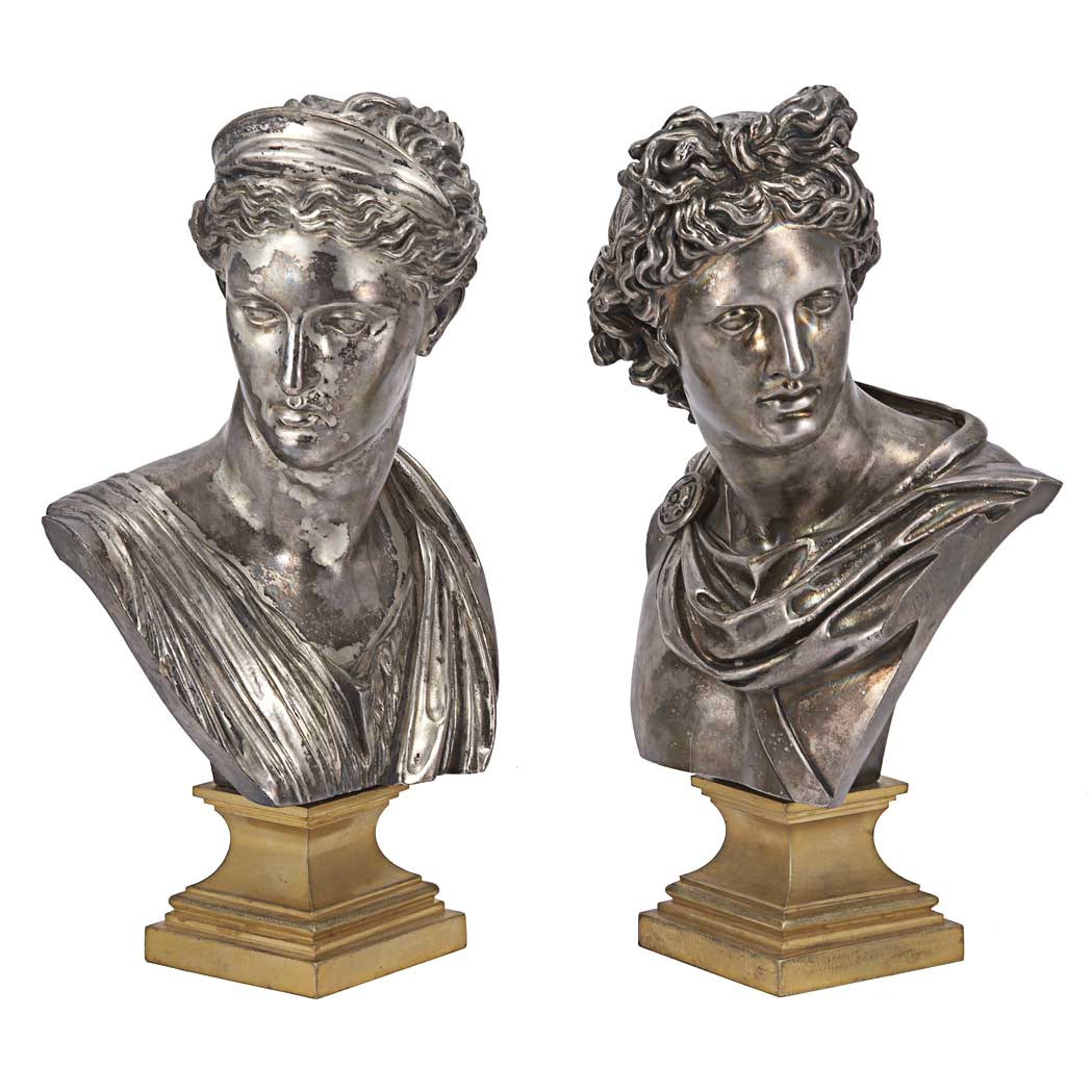 Appraisal: Pair of Empire Style Silvered and Gilt-Bronze Busts th Century