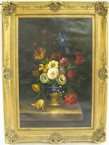 Appraisal: CONTINENTAL SCHOOL OIL ON CANVAS Still life with blue vase