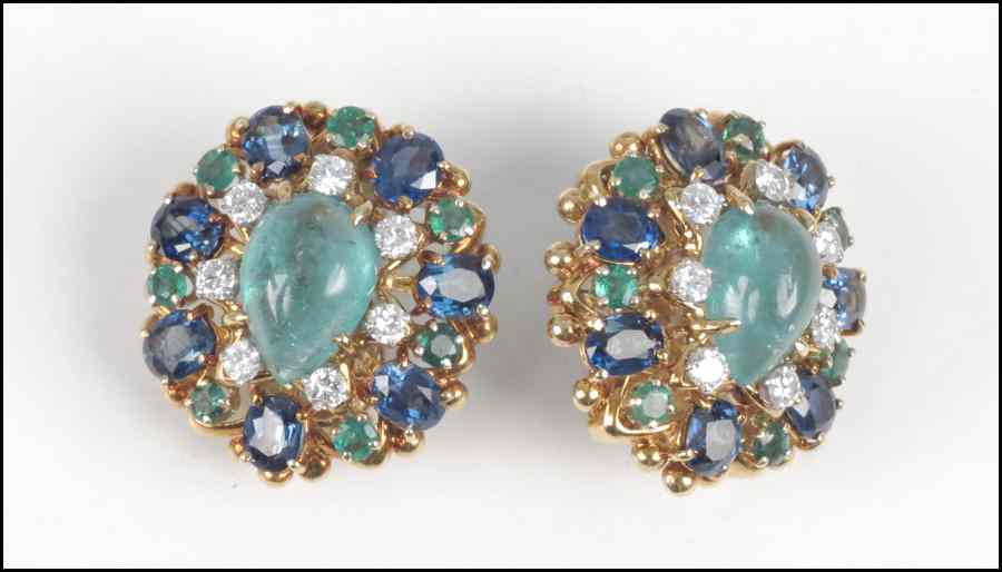 Appraisal: PAIR OF DAVID WEBB DIAMOND SAPPHIRE AND EMERALD EARCLIPS Mounted