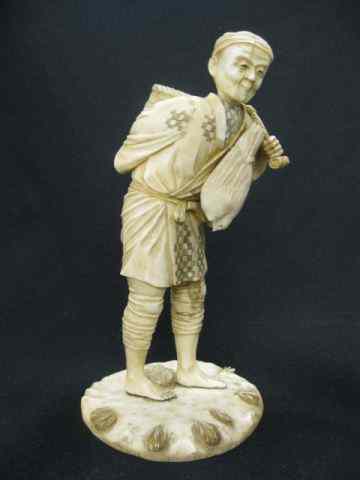 Appraisal: Chinese Carved Ivory Figurine of a Hunter large empty basket