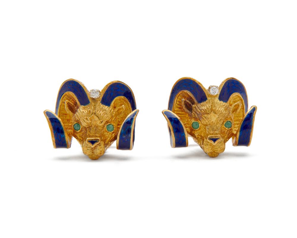 Appraisal: K Gold Enamel Emerald and Diamond Cufflinks the ram-form cufflinks