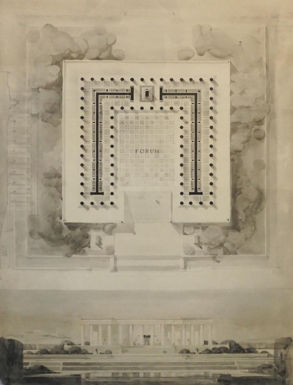 Appraisal: ARCHITECTURAL RENDERING OF MONUMENT GRISAILLE WASH AND PENCIL FRAME X