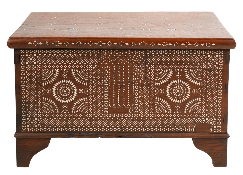 Appraisal: LEVANTINE SHELL-INLAID HARDWOOD CHESTflanked by iron bale handles the hinged