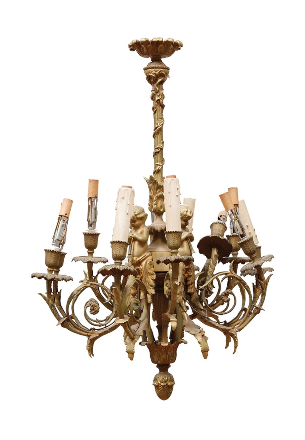 Appraisal: Louis XV-Style Gilt Metal Twelve-Light Chandelier foliate wrapped stem four