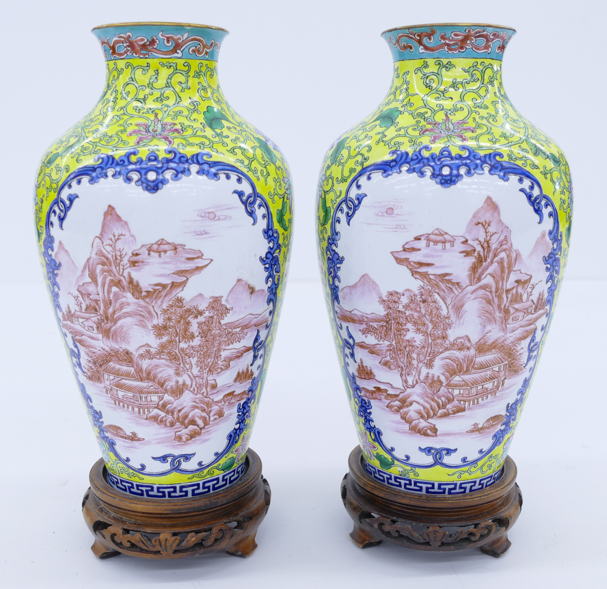 Appraisal: Pair Chinese Peking Enamel Landscape Vases ''x '' Yellow ground