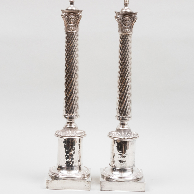 Appraisal: Pair of Silver Plate Columnar Lamps x x in overall