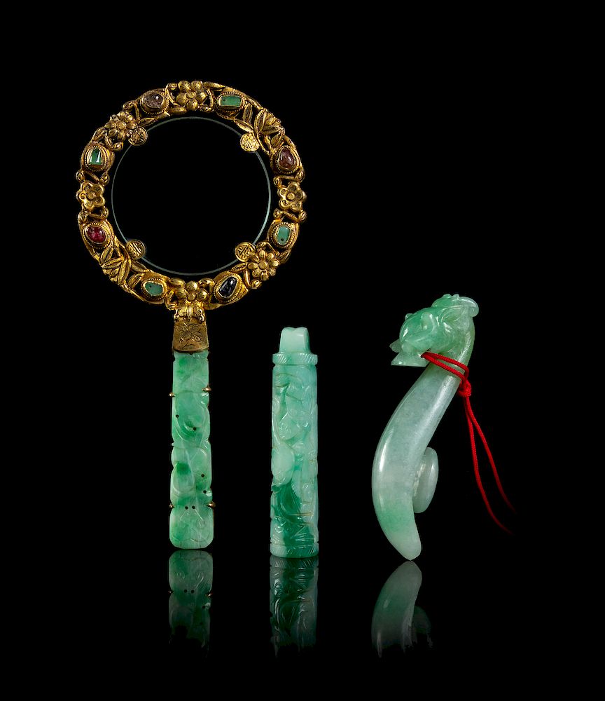 Appraisal: Three Apple Green and Celadon Jadeite Articles Longest length in