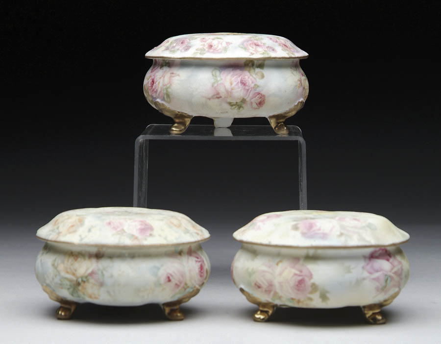 Appraisal: THREE ROSE TAPESTRY ROYAL BAYREUTH COVERED POWDERED JARS Each with