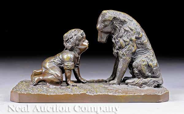 Appraisal: A Patinated Bronze Figural Group of a Child and Dog