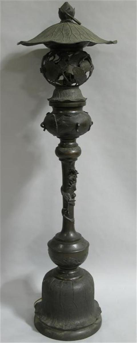 Appraisal: JAPANESE BRONZE LANTERN The base formed as a lotus leaf