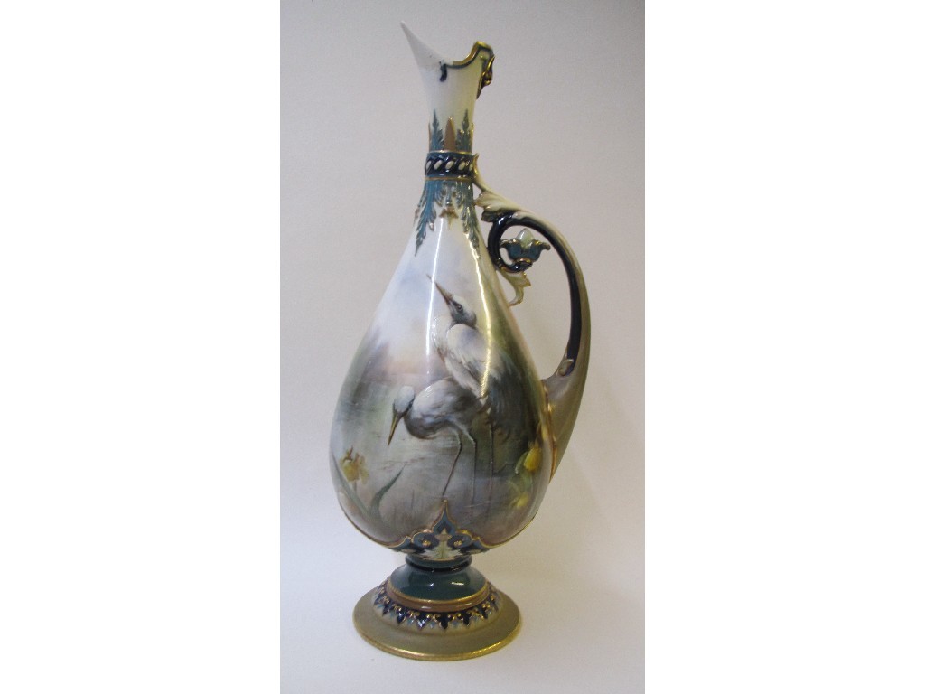 Appraisal: A Hadleys Worcester ewer painted with two herons amongst yellow