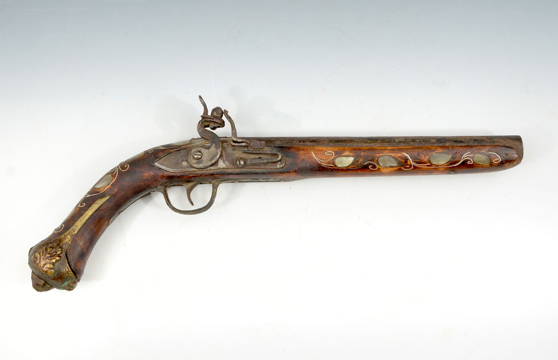 Appraisal: ANTIQUE OTTOMAN INLAID FLINTLOCK TRADE PISTOL th century having an