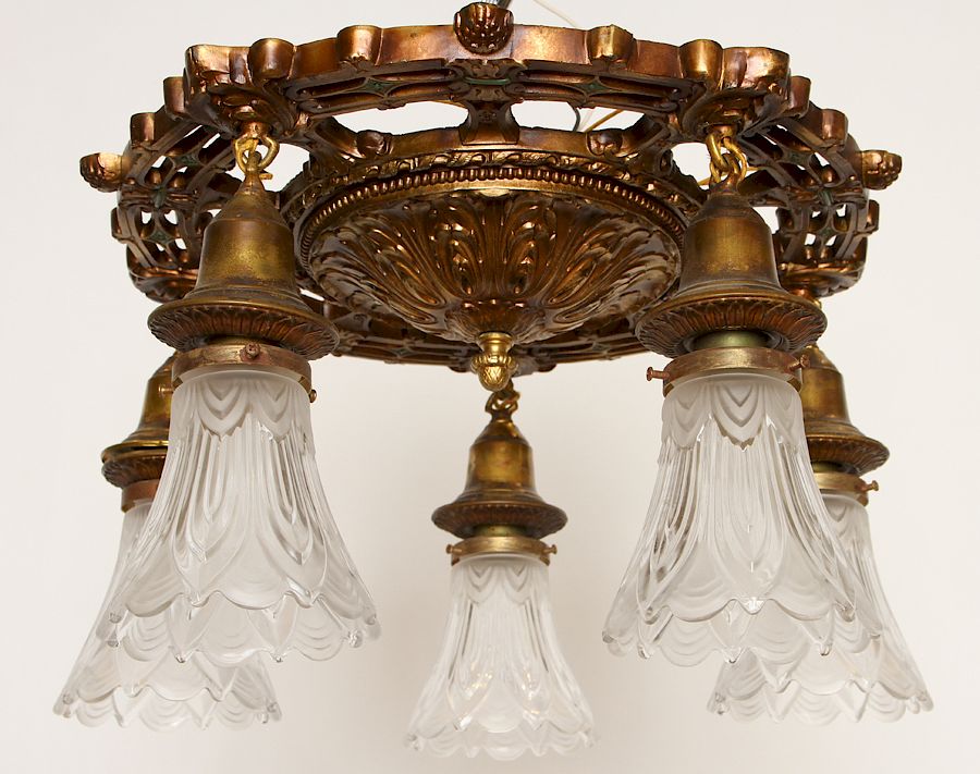 Appraisal: AMERICAN VICTORIAN LIGHT CHANDELIER GLASS SHADE An American Victorian brass