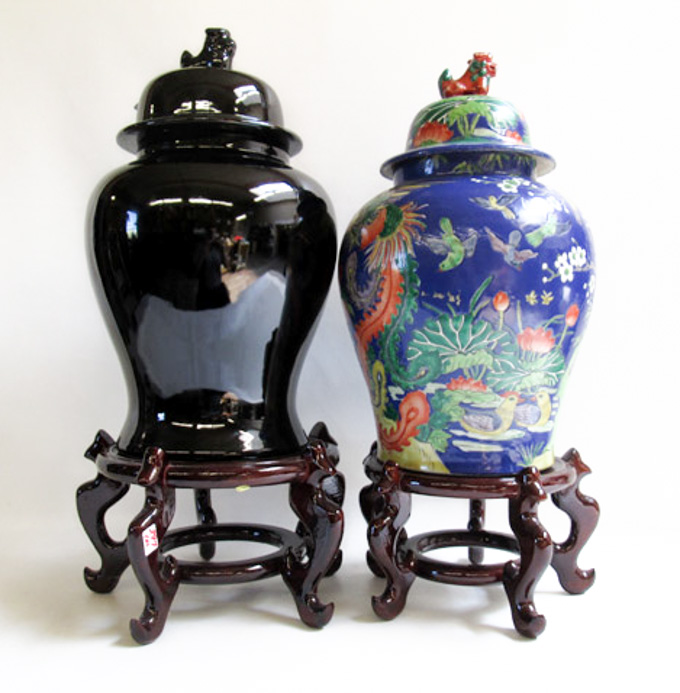 Appraisal: TWO CHINESE POTTERY COVERED JARS both potiches of baluster form