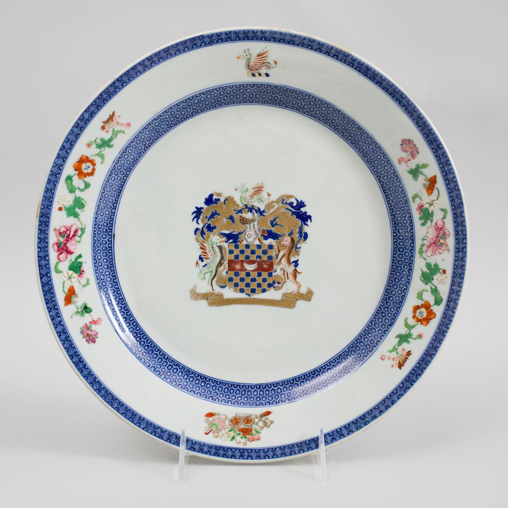 Appraisal: Chinese Export Porcelain Underglaze Blue and Famille Rose Armorial Plate