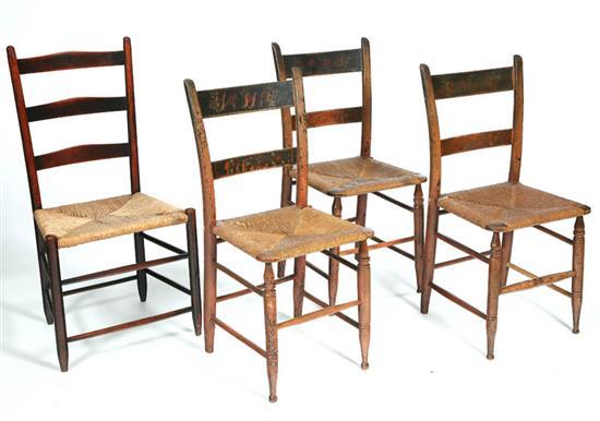 Appraisal: FOUR LADDERBACK CHAIRS All with rush seat and three with