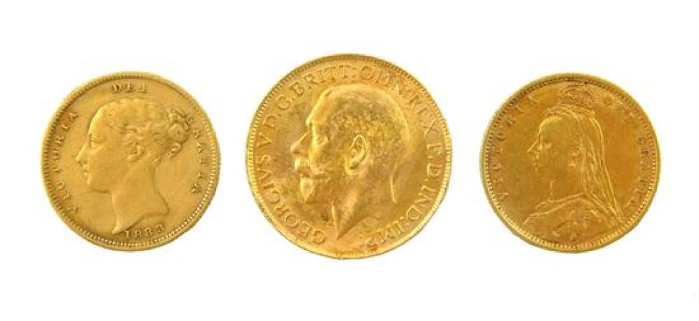 Appraisal: Three gold coins including Sovereign half Sovereign and half Sovereign