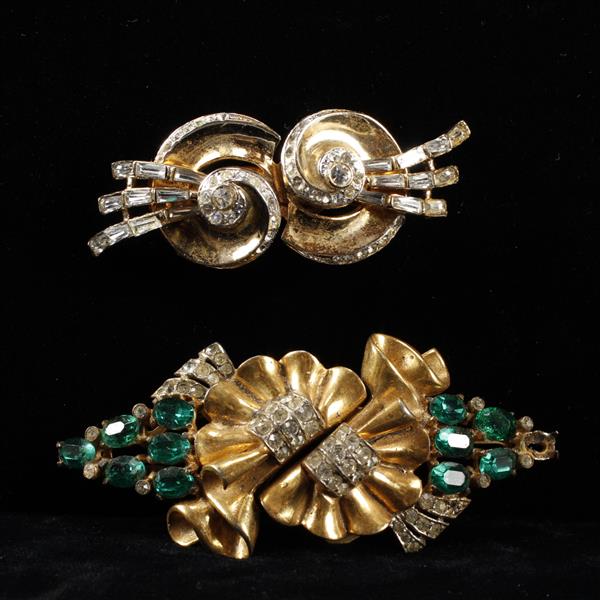 Appraisal: Two Coro Duette Sterling Vermeil Retro Jeweled Clips One green