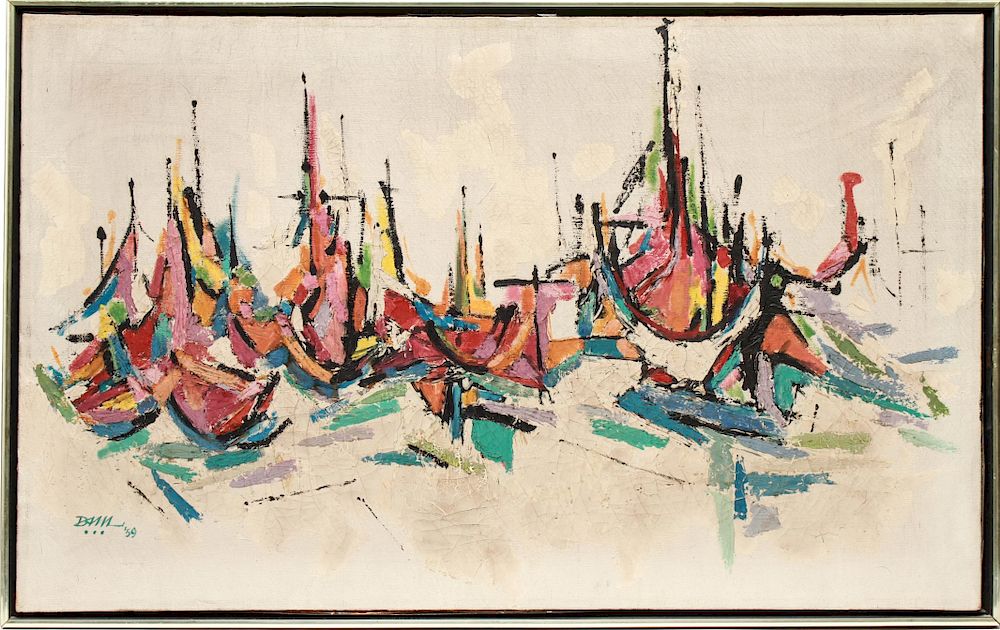 Appraisal: Illegibly Signed Modern Sailboats Oil on Canvas Illegibly signed mid-century