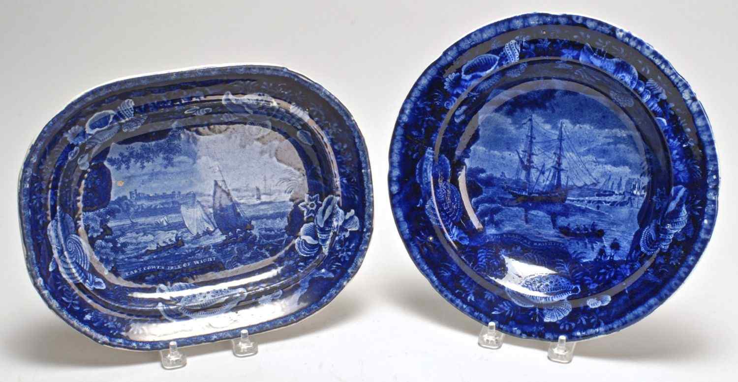 Appraisal: TWO DARK BLUE STAFFORDSHIRE PIECESThe Beach at Brighton'' shallow bowl