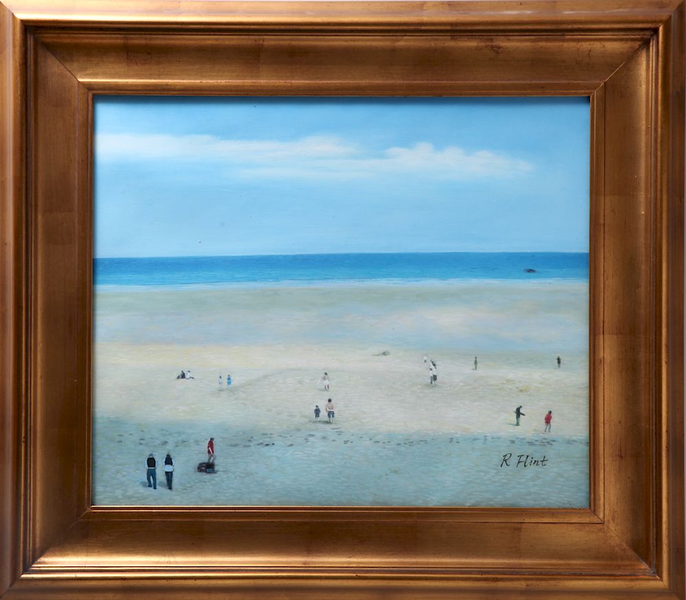 Appraisal: R Flint Beach Scene With Figures Oil on Canvas R