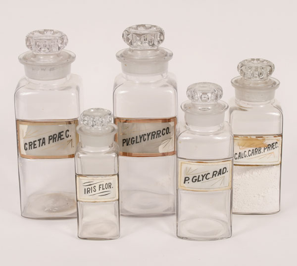 Appraisal: Square shouldered apothecary bottles tallest H Shortest H including stopper