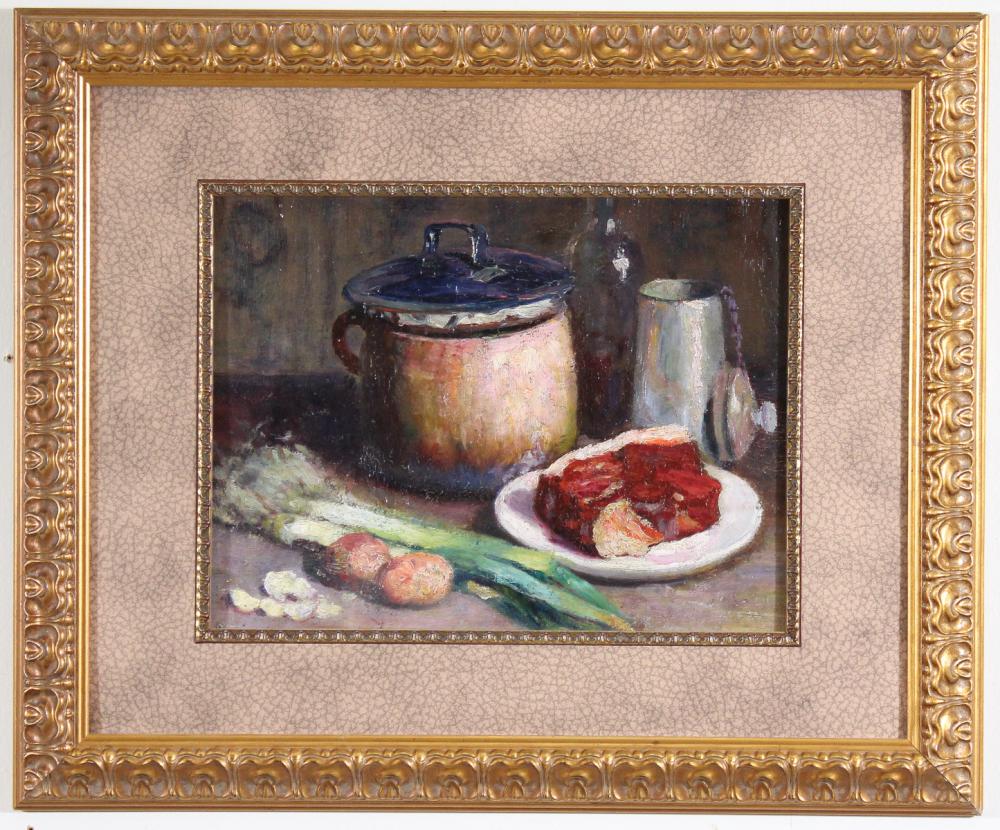 Appraisal: MATHILDE ARBEY France - oil on board table-top still-life with