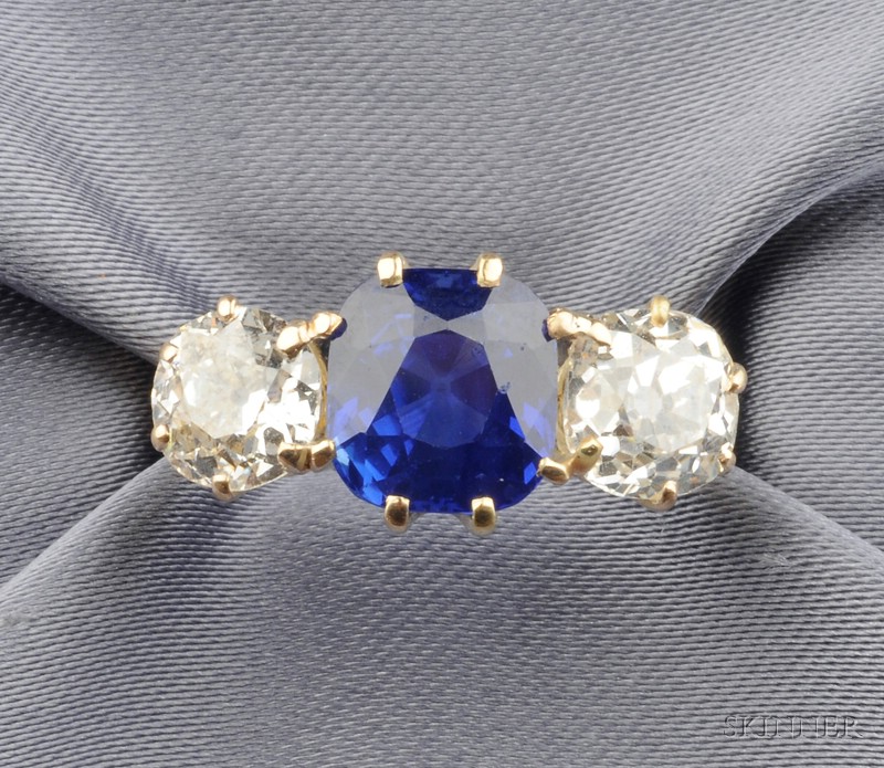 Appraisal: Antique Kashmir Sapphire and Diamond Three-Stone Ring prong-set with a