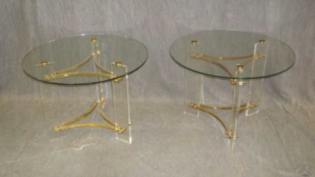 Appraisal: Pair of Brass Lucite and Glass End Tables From a