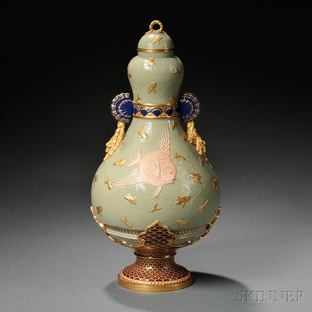 Appraisal: Brownfield Fish-decorated Porcelain Vase and Cover England last quarter th