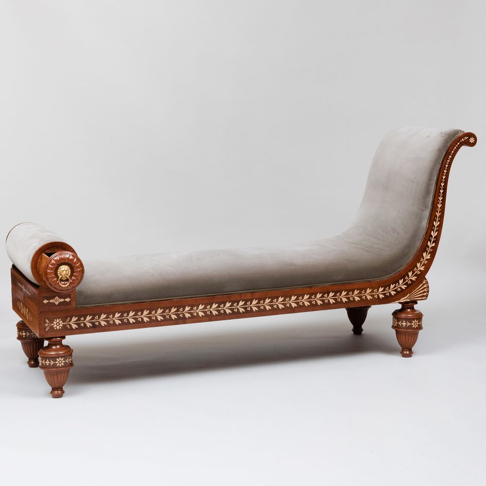 Appraisal: Italian Neoclassical Bone Inlaid Mahogany Chaise Lounge Fitted with one