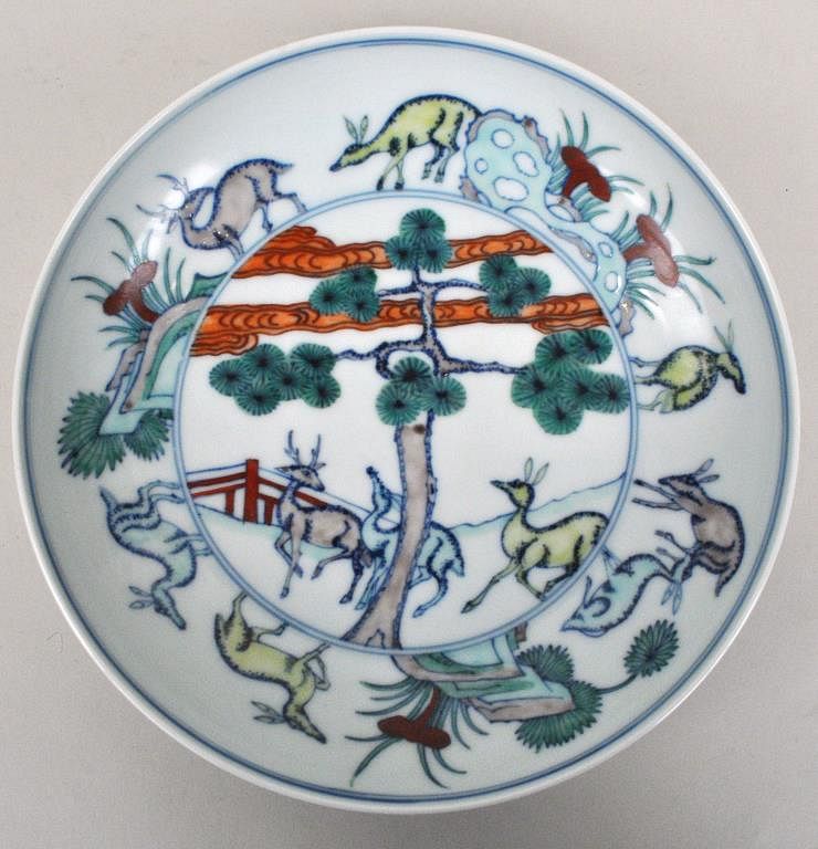 Appraisal: Chinese Porcelain Famille Rose Dish with polychrome deer motif Chenghua