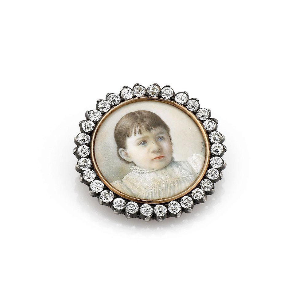 Appraisal: Antique Silver K YG Painted Portrait Diamond Brooch Antique tone