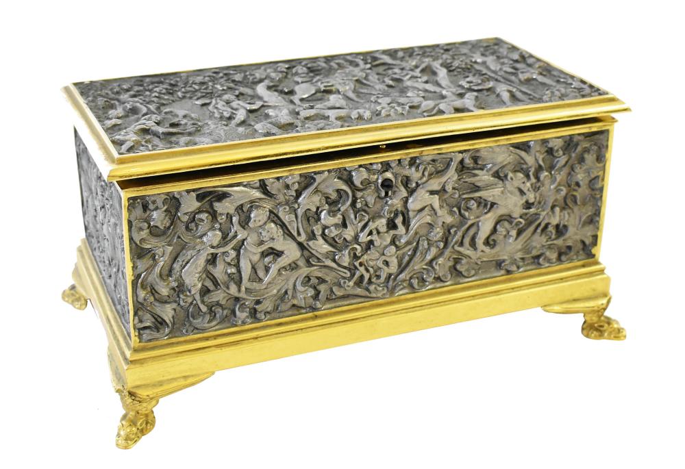 Appraisal: CONTINENTAL GILT BRONZE AND STEEL TABLE COFFERFirst half th Century