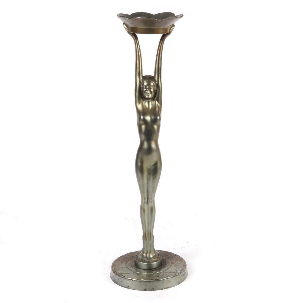 Appraisal: ART DECO STANDING FEMALE NUDE HOLDING A TRAY POT METAL