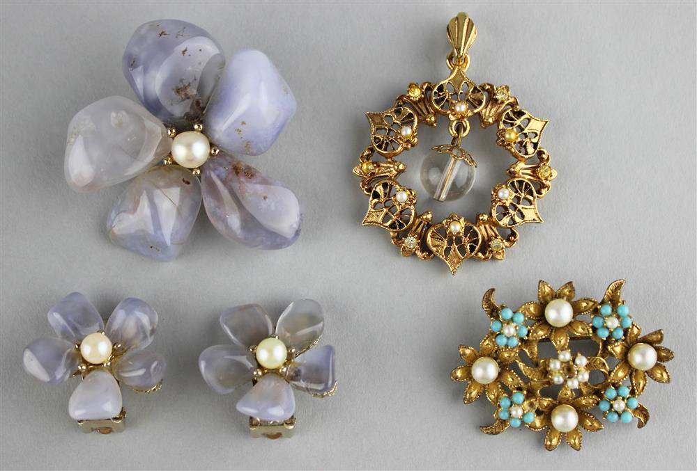 Appraisal: SWOBODA FLOWER PIN AND MATCHING EARRINGS WITH CULTURED PEARLS TOGETHER