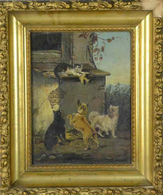 Appraisal: American School Oil Painting on BoardDepicting cat with bird on