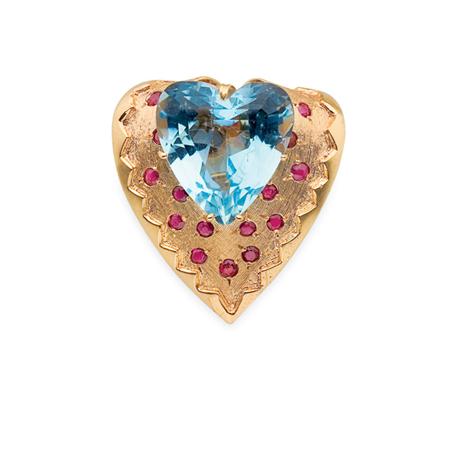 Appraisal: Gold Aquamarine and Ruby Heart Brooch Trabert Hoeffer Estimate -