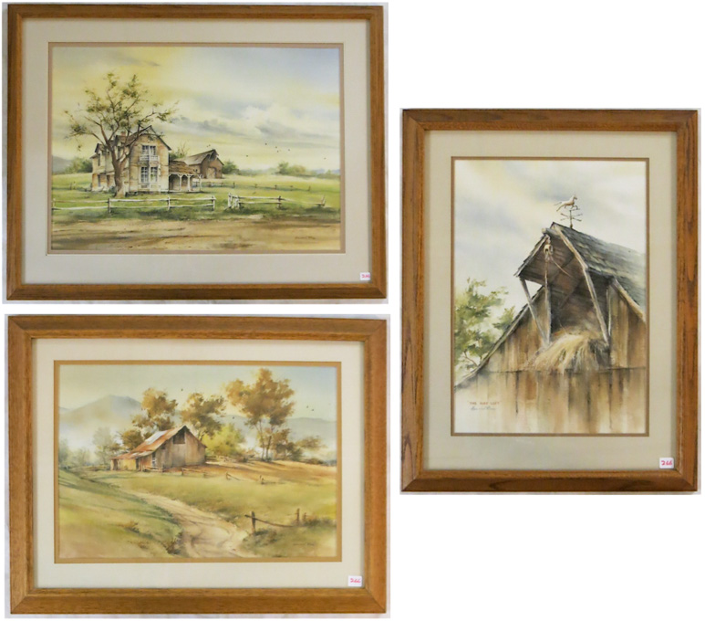 Appraisal: HOWARD REES THREE WATERCOLORS ON PAPER California born Farm scenes