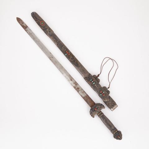 Appraisal: Sino-Tibetan Silvered and Hardstone Inlaid Sword Early th Century Condition