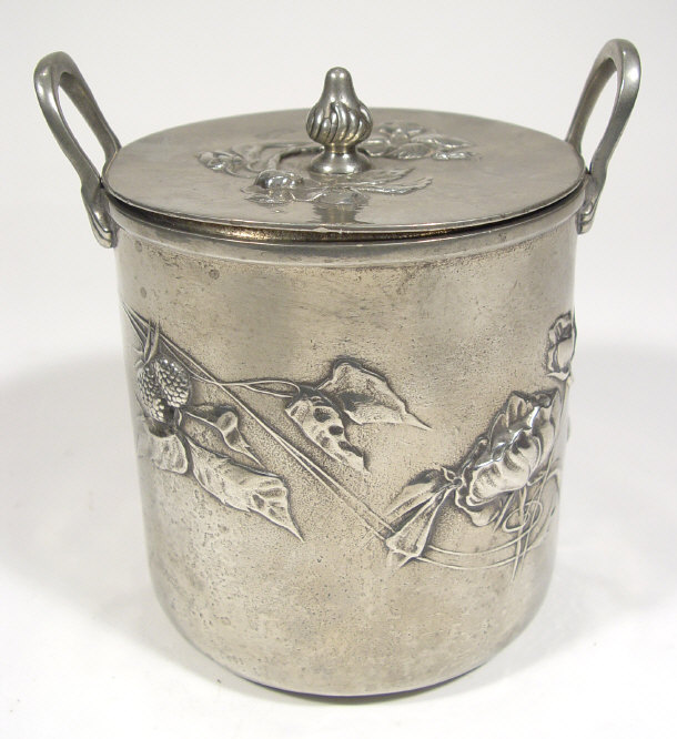 Appraisal: Kayserzinn Art Nouveau pewter biscuit barrel and cover cast with