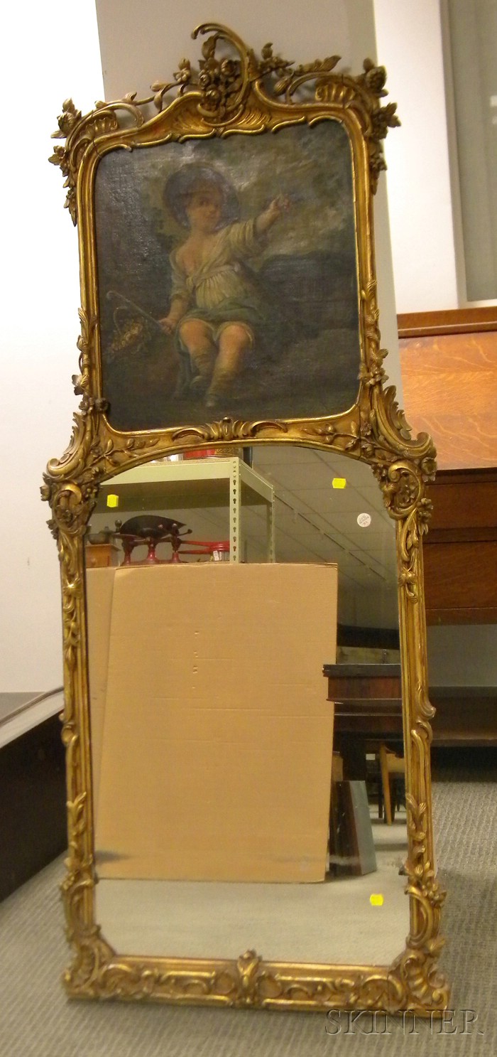 Appraisal: Louis XV Style Carved Giltwood Trumeau Mirror with Painted Child