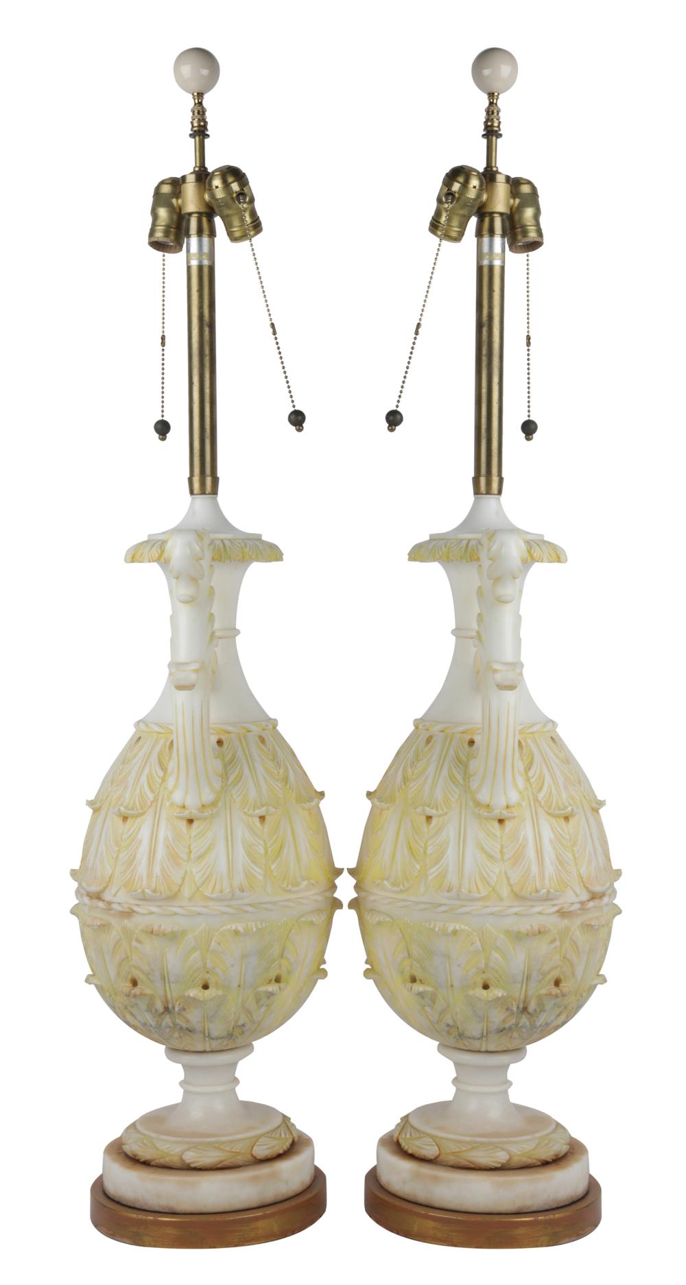 Appraisal: PAIR OF MARBRO ALABASTER TABLE LAMPSeach mounted to a painted