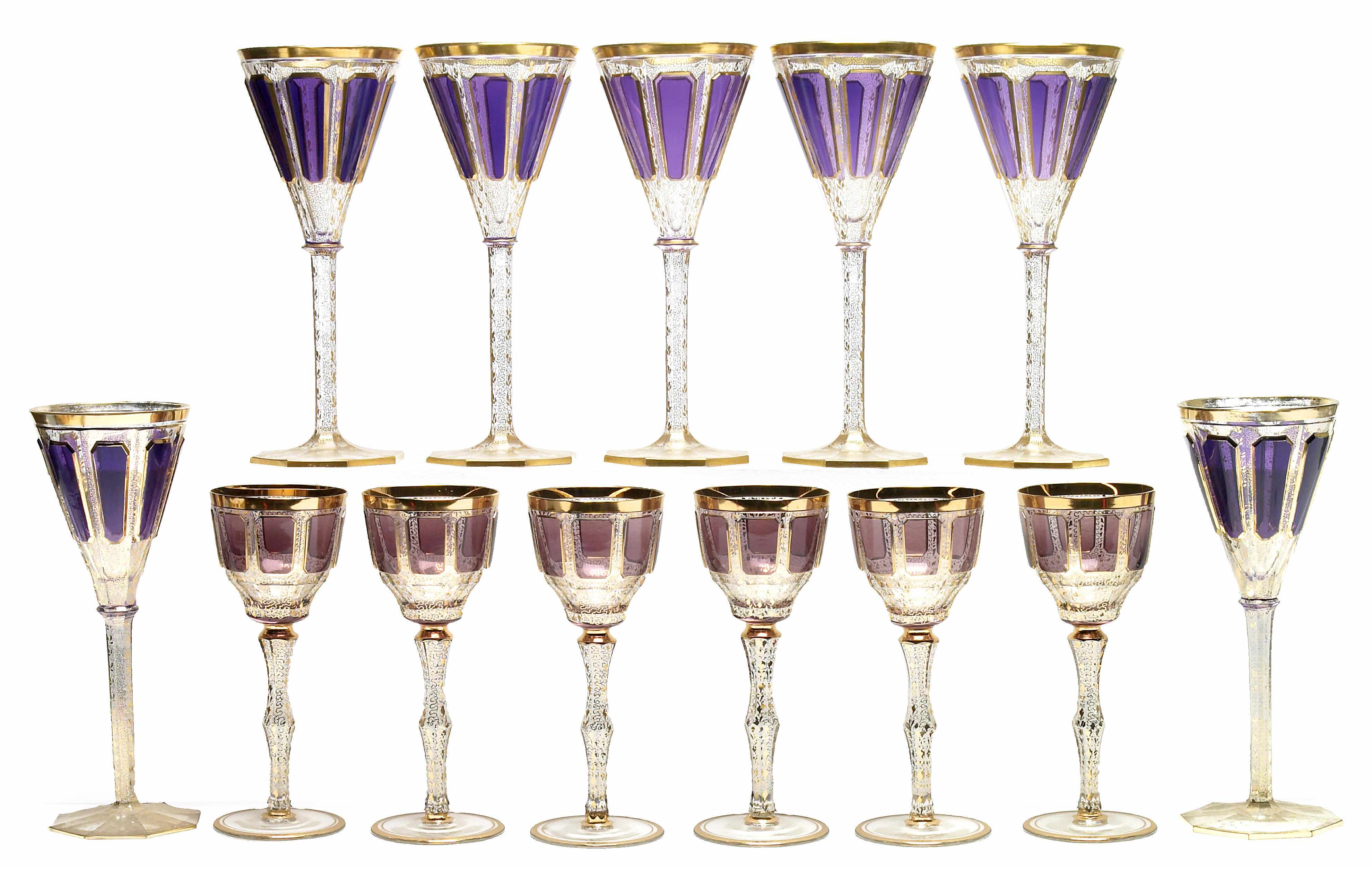 Appraisal: Two sets of Czechoslovakian purple flashed and gilt decorated goblets