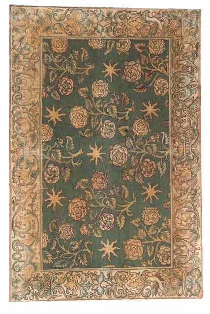 Appraisal: A TH CENTURY RECTANGULAR GREEN GROUND NEEDLEWORK PANEL the central