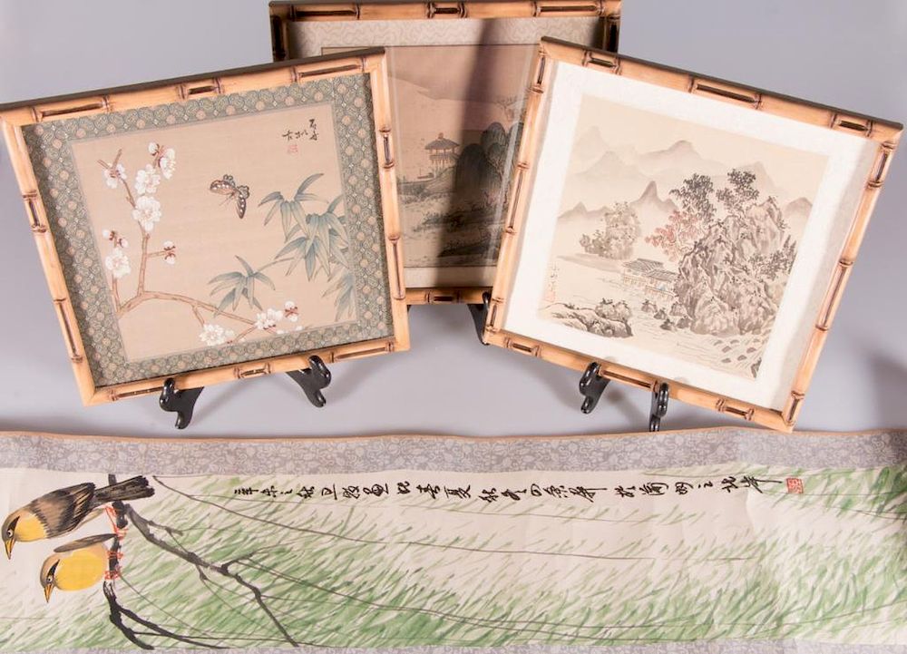 Appraisal: Three Chinese watercolors and one scroll Three Chinese framed water